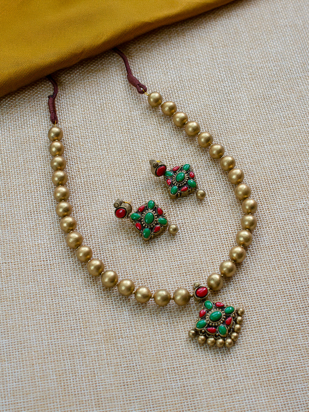 Handcrafted Beaded Terracotta Jewellery Set in Antique Gold, Ruby Red & Emerald Green