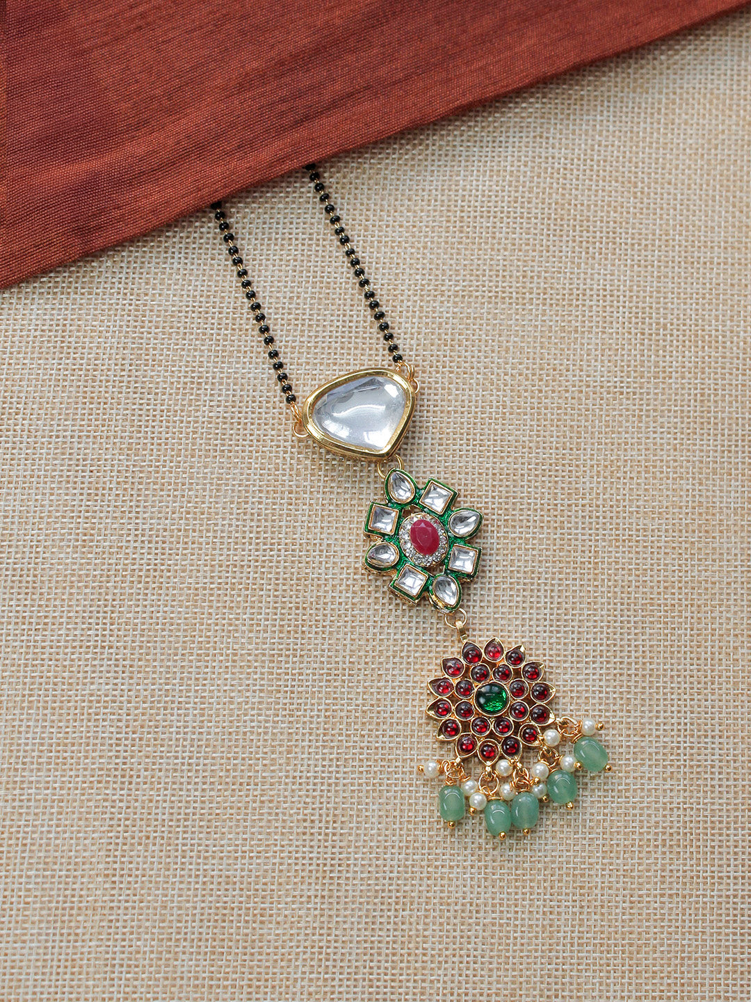 Premium Finish Mangalsutra in Handcrafted Kundan Stone Pendant & Kemp Floral Pendant in Green Beads