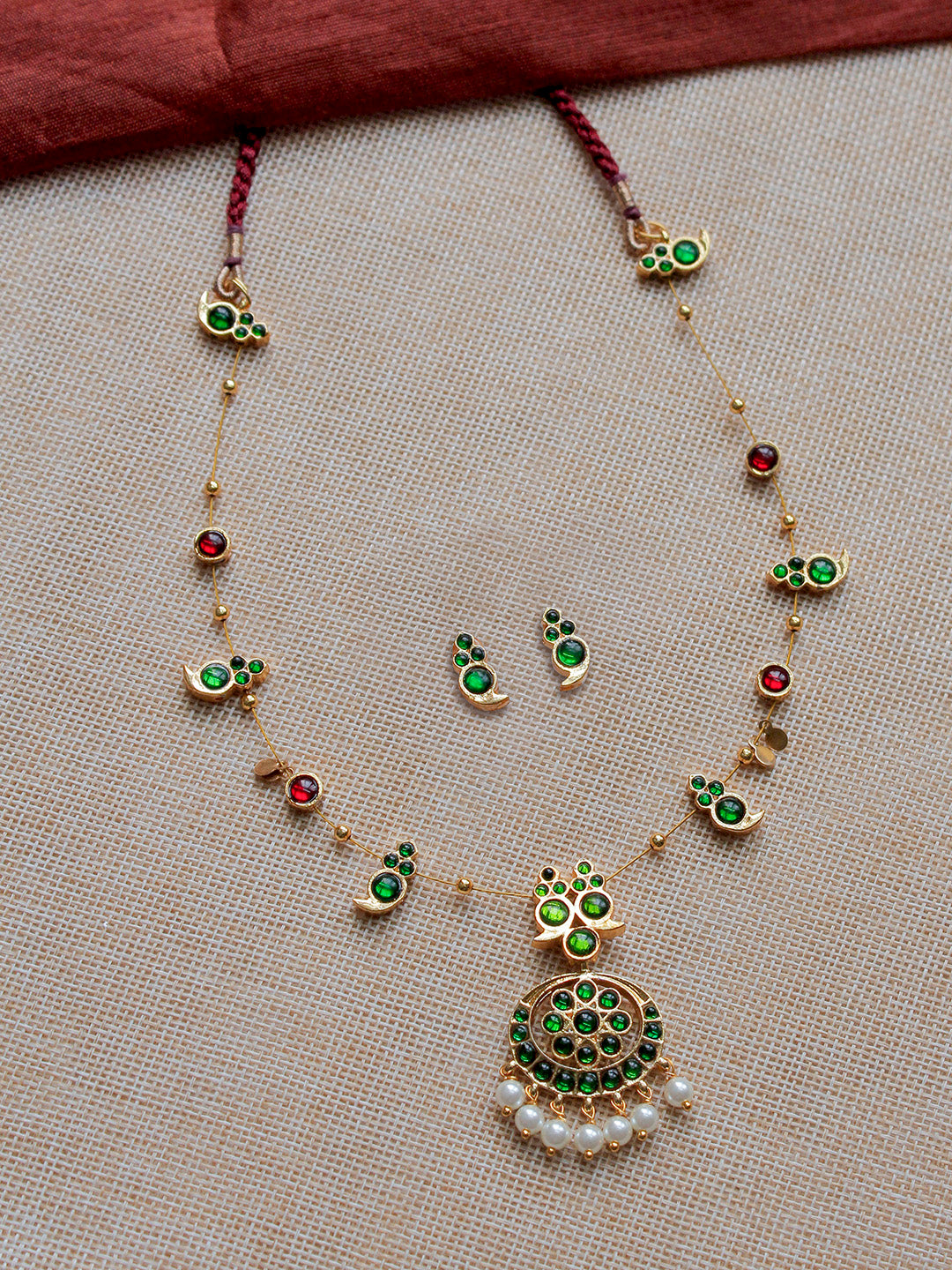 Premium Handcrafted Kemp Maanga Haram with Pearl Drops in Green & Blue