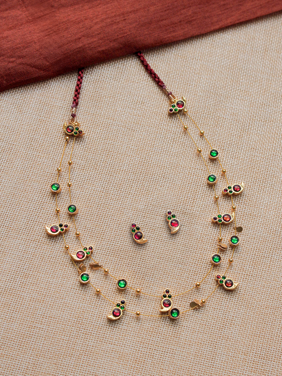 Premium Handcrafted 2 Layered Kemp Mango Necklace Set in Green & Red Kemp Stones