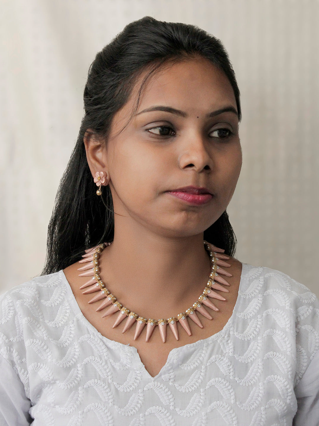 Handcrafter Spiked Pink Necklace with Floral Earrings Set