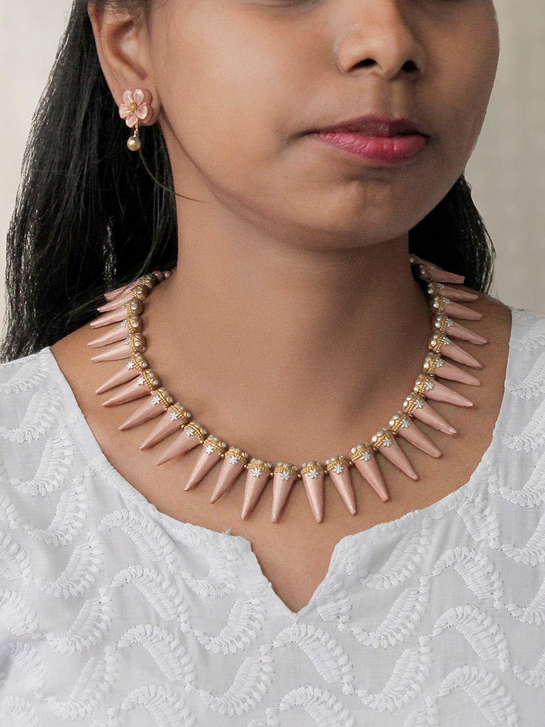 Handcrafter Spiked Pink Necklace with Floral Earrings Set