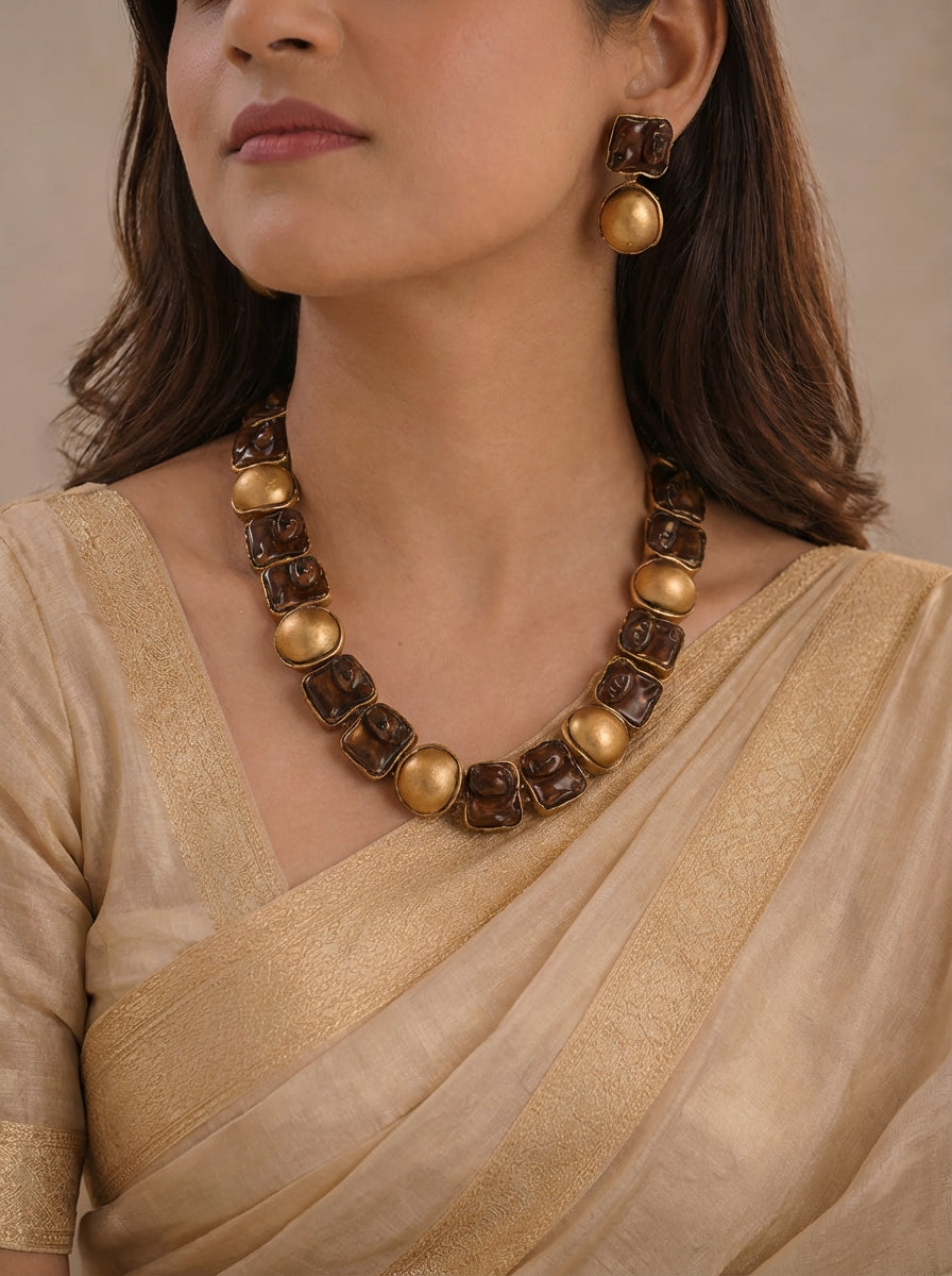 Mocha Muse — Terracotta Glossy "Mocha Mousse" Color Of The Year 2025 — Imitation Pearl with Earrings