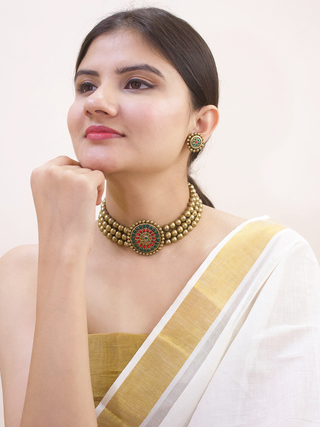 Triloka Pushpa — Designer Handmade Three Layered Circular Shape Floral Design Pendant Antique Gold Color Choker Handmade Terracotta Necklace Set