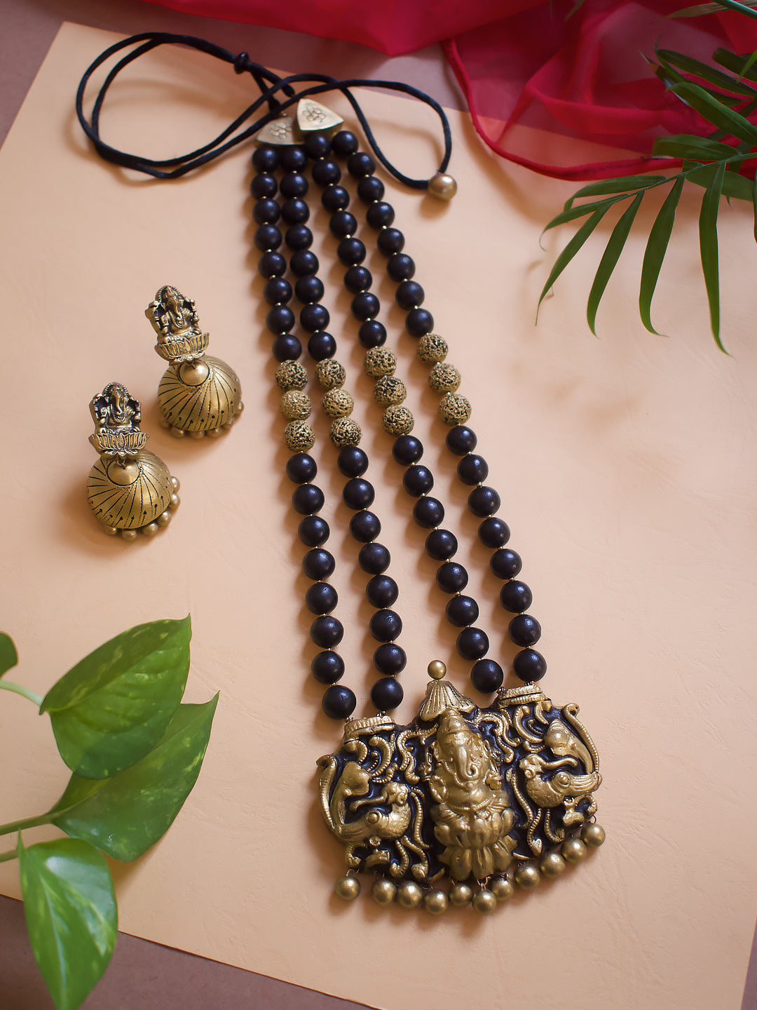 Antique Gold Black Ganesha Design Handmade Terracotta Necklace Set