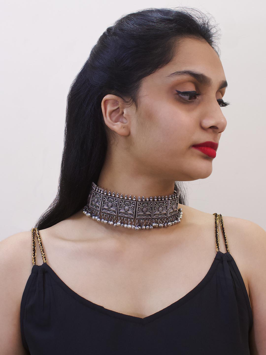 Silver Plated Square Shape Flower Design With Hanging Silver Beads