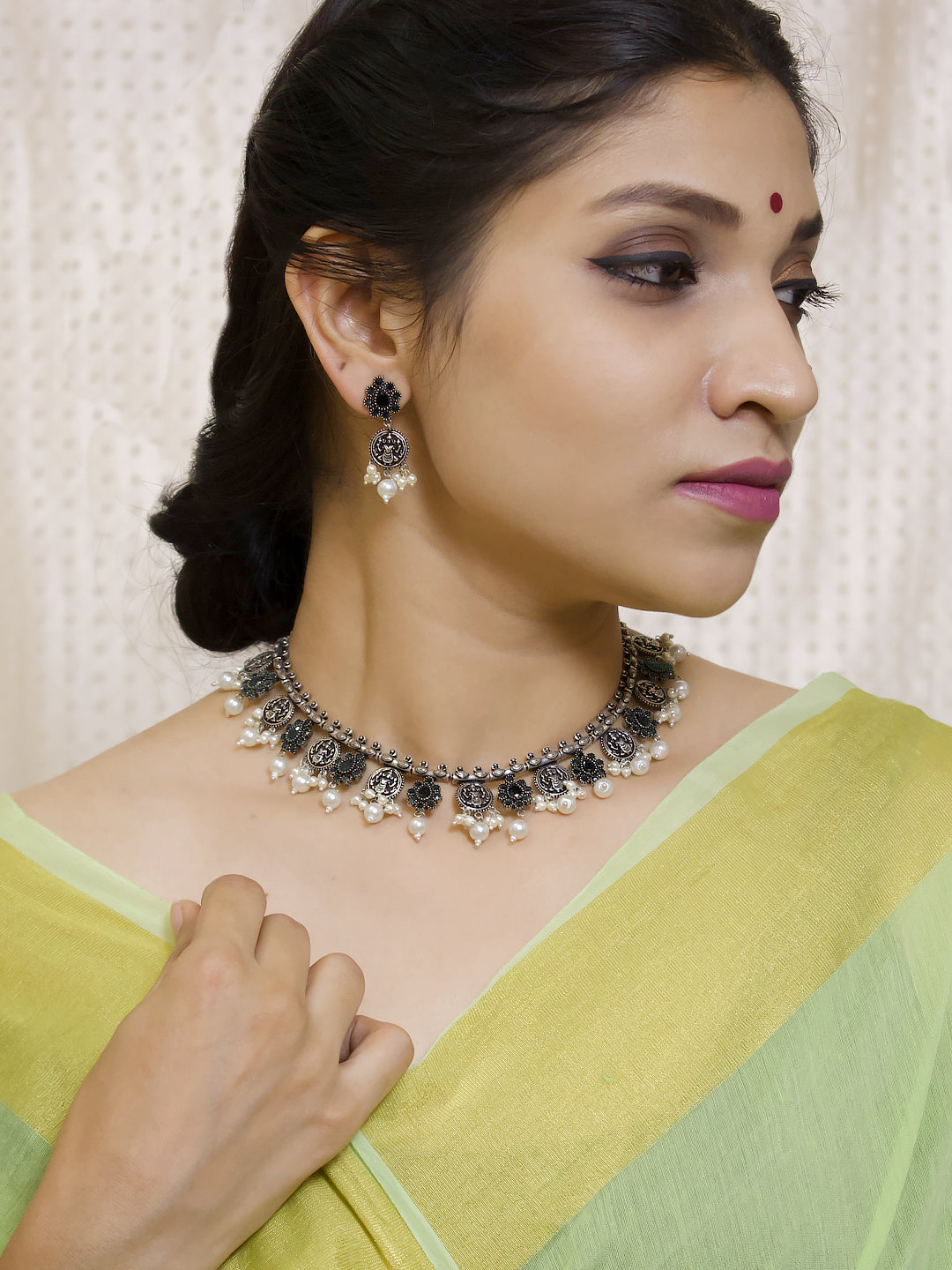 Silver Plated Lakshmi Coin Design And Black Color Floral Design Stones With Pearl Droppings Choker Necklace Set