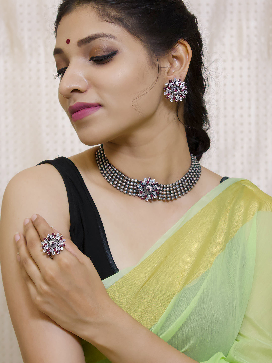 Silver Plated Five Layered Pink And White Color Artificial Stone Tear Drop Design Choker Necklace Set With Adjustable Finger Ring