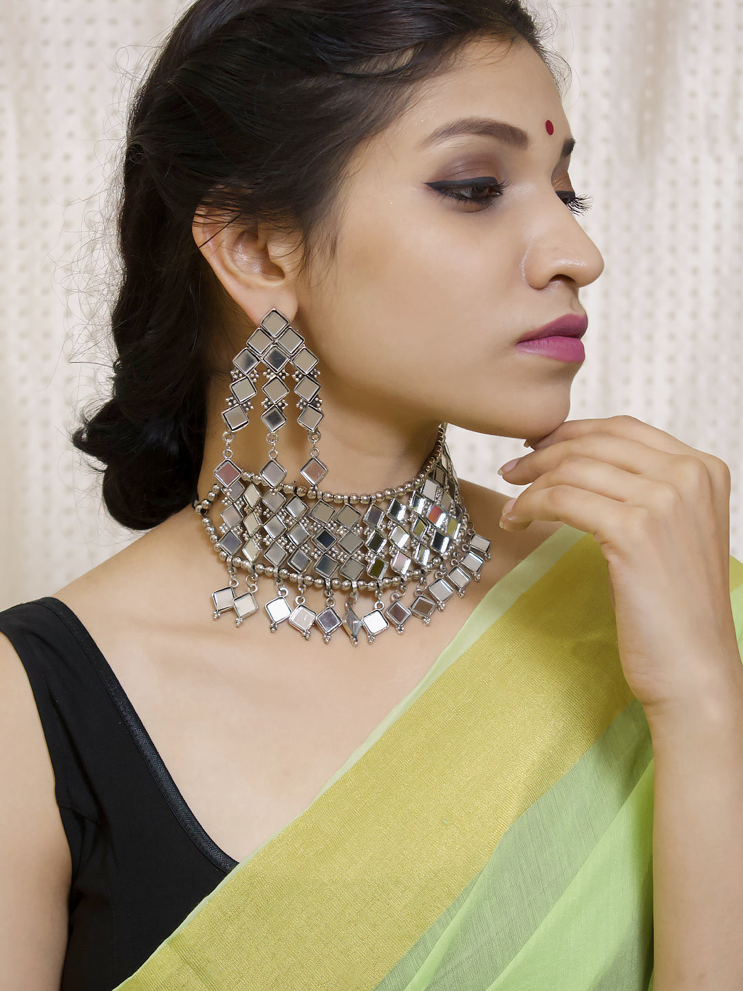 Trendy Silver Plated Afghani Style Crafted Mirror Design Necklace Set