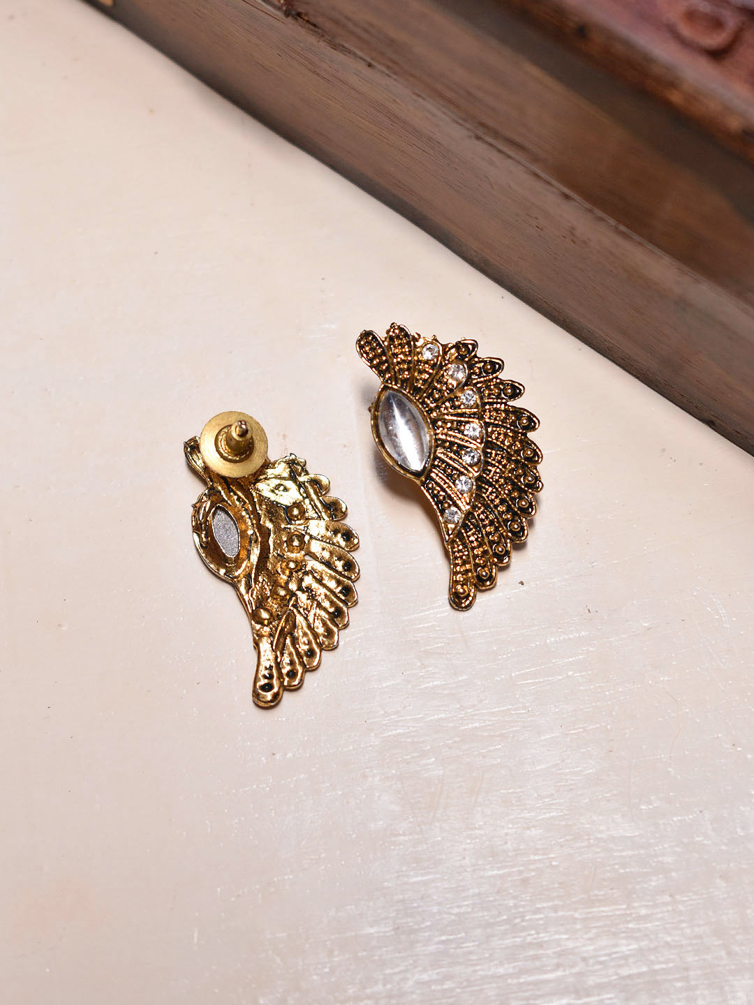 Gold Plated Feather Design With White Color Plastic Stone Stud Earring