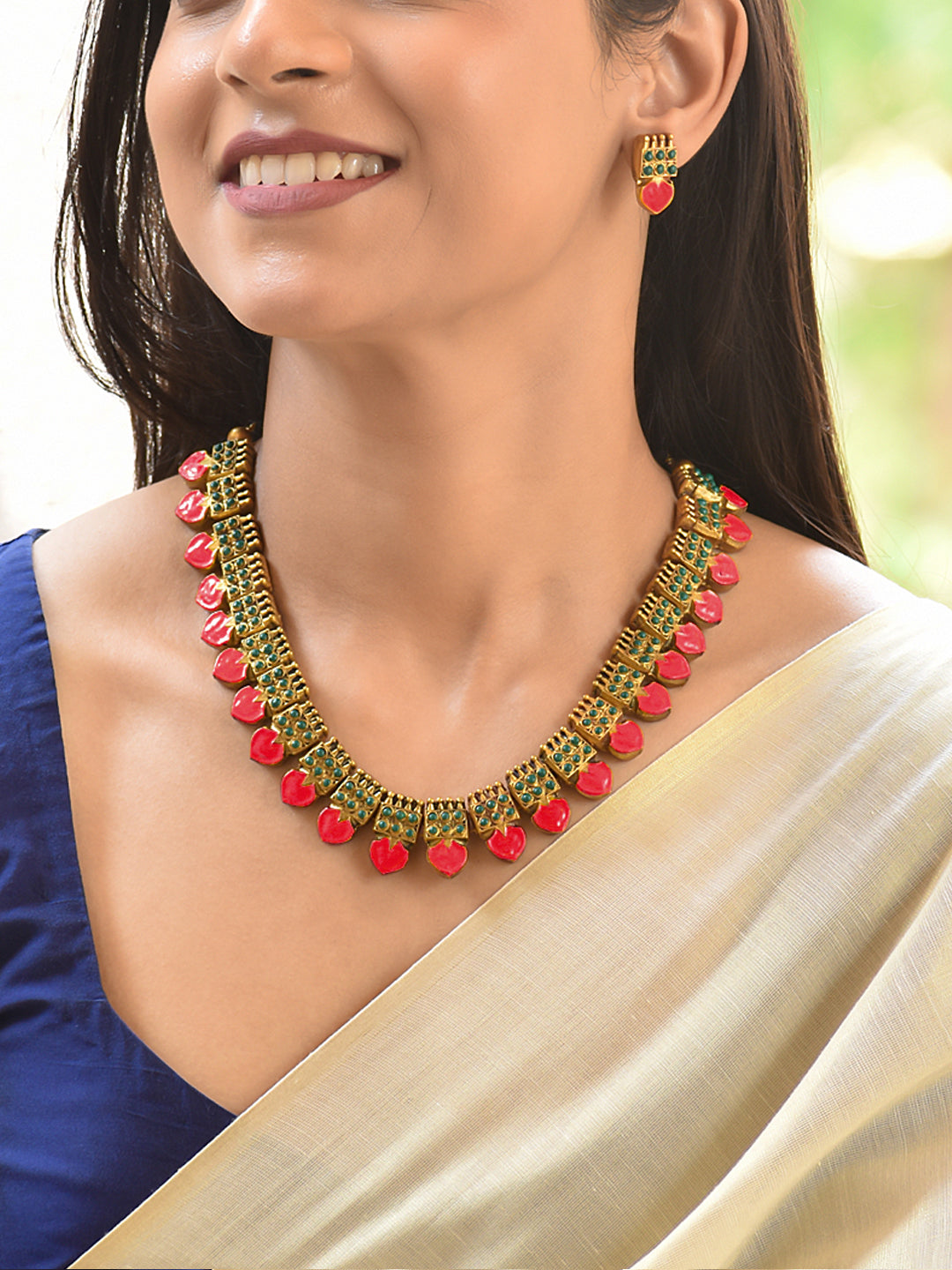 Terracotta Pink Heart Stone Choker Necklace Set