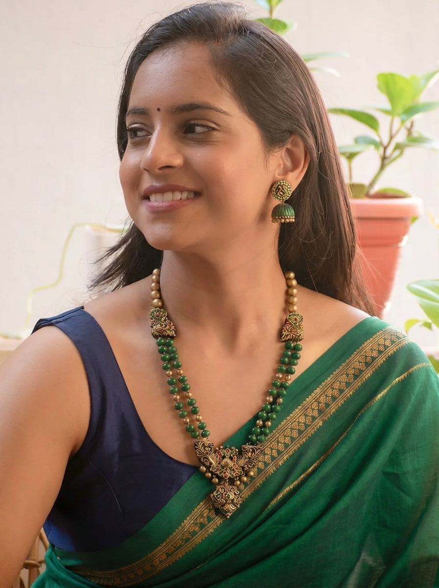 Roohani Priya 💚 — Antique Gold and Maroon Peacock Design Handmade Terracotta Necklace Set