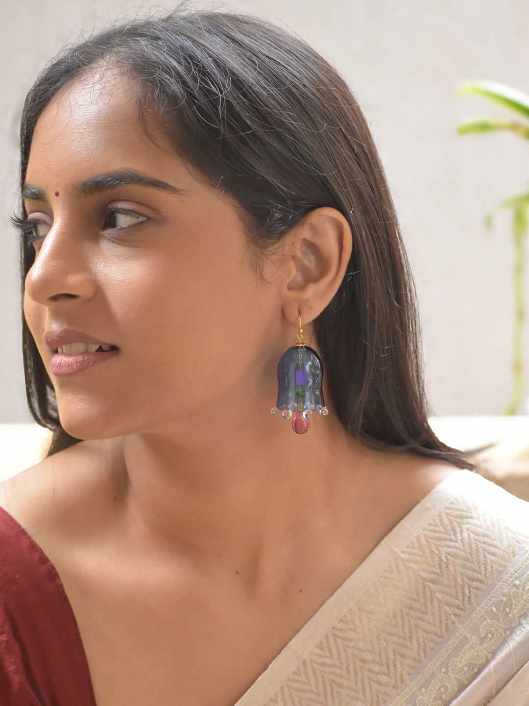 Handcrafted Blue Glass Bell-Shaped Floral Earrings with Bead Drops