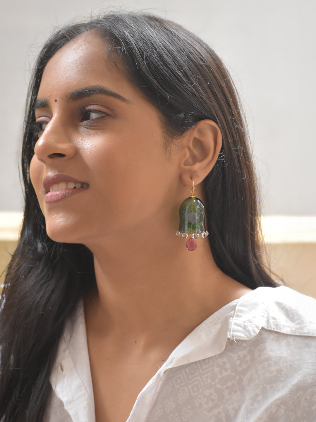 Handcrafted Dark Green Glass Bell-Shaped Floral Earrings with Bead Drops