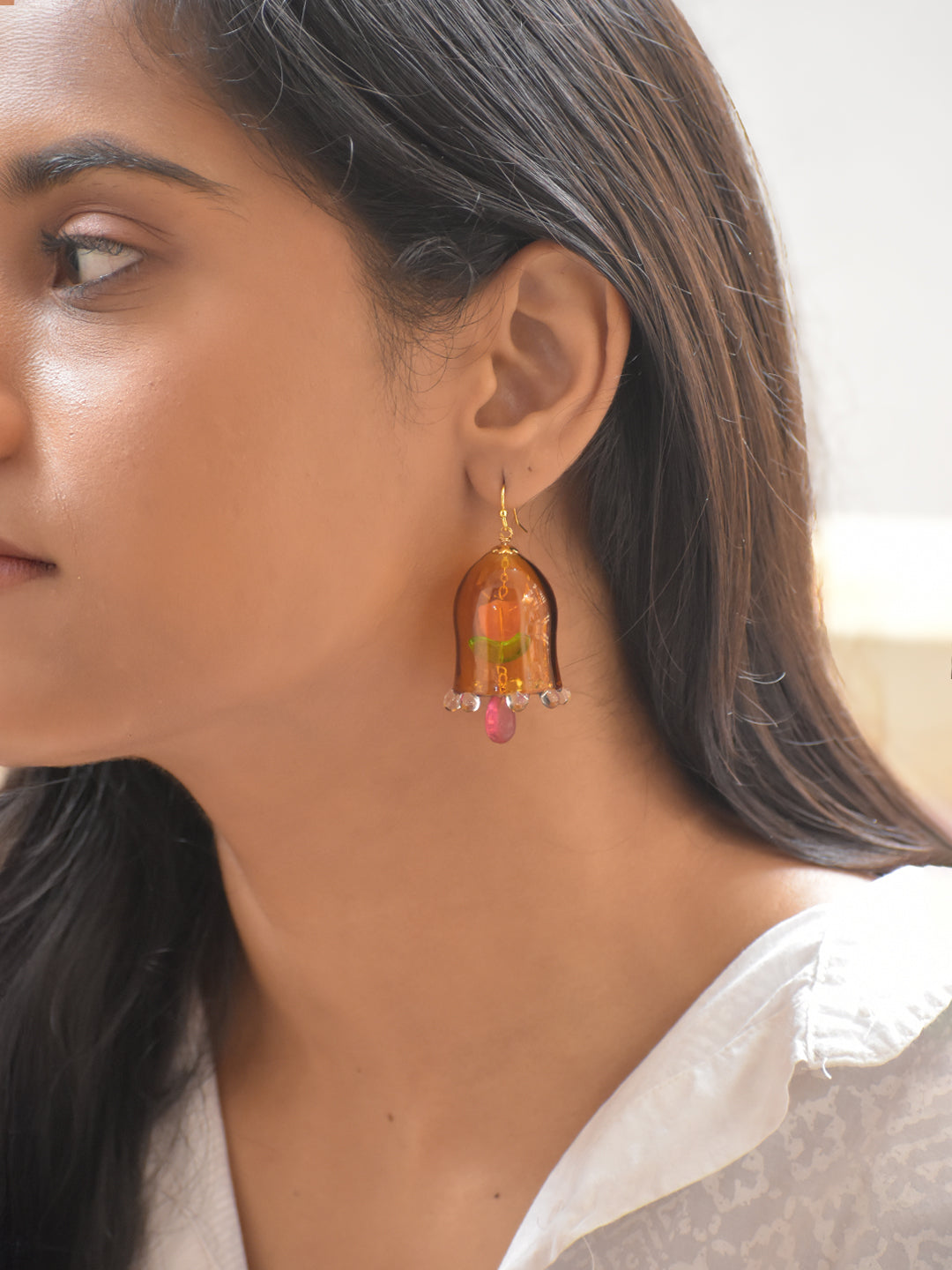 Handcrafted Orange Glass Bell-Shaped Floral Earrings with Bead Drops