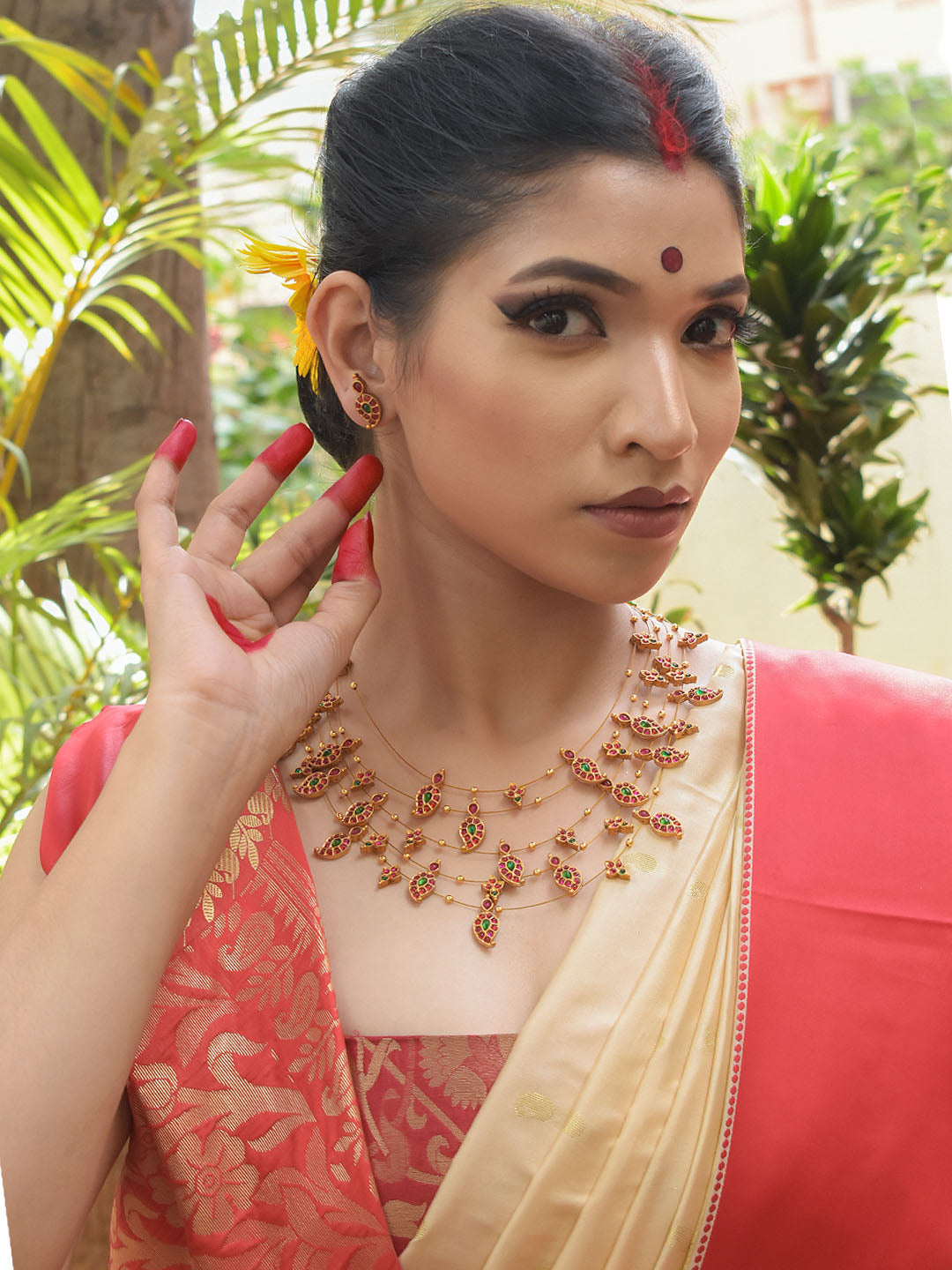 High Quality Gold Plated Multilayered Mango Design Motifs Pink And Green Color Kemp Stones Necklace Set