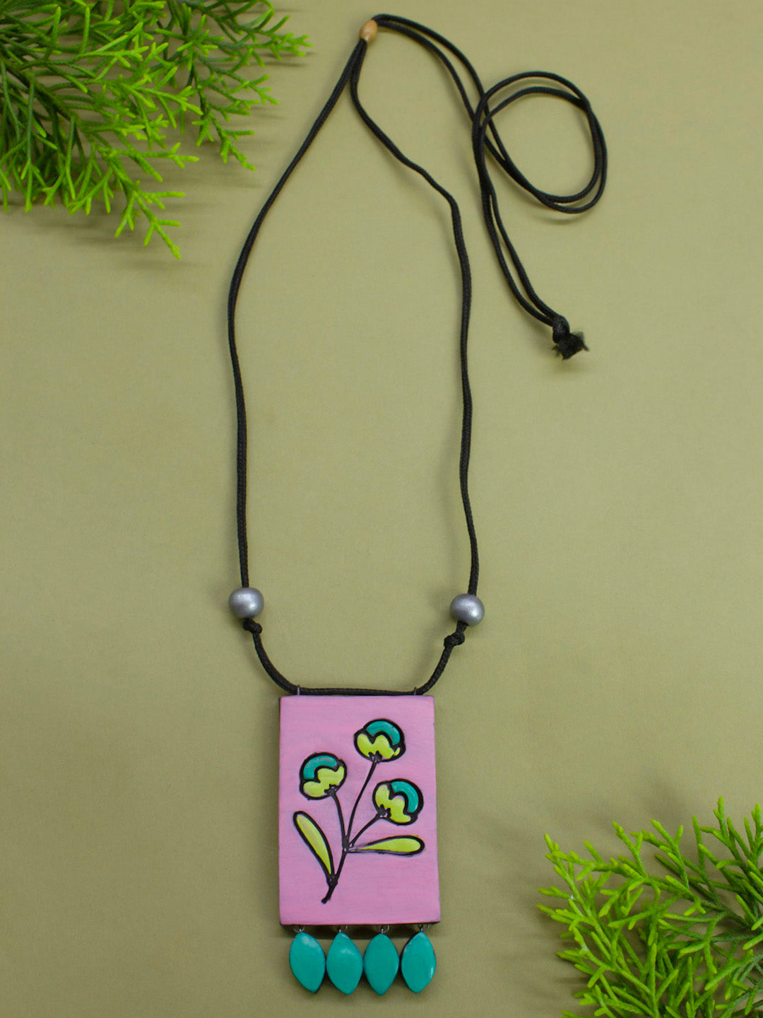 Pink Green Yellow Rectangular Floral Design Minimalistic Handmade Terracotta Necklace