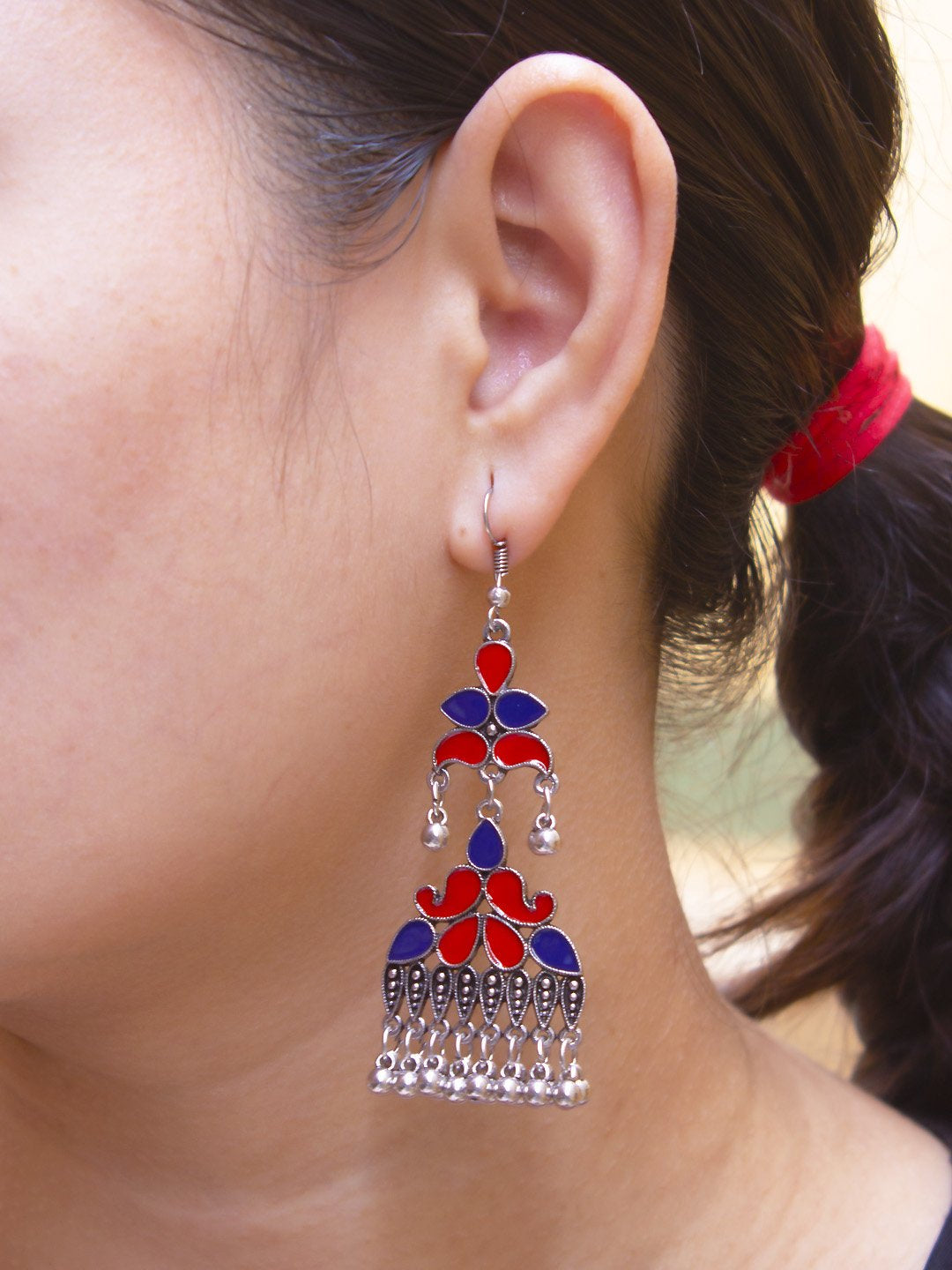 Silver Plated Flower Petal Design Red And Blue Color Enamel Painted With Hanging Silver Beads Dangler Earring