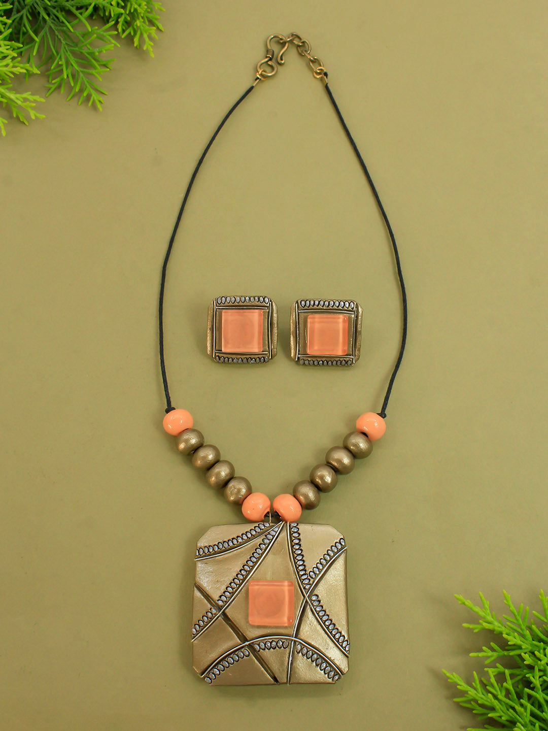 Peach Silver and Antique Bronze Geometric Design Minimalistic Handmade Terracotta Necklace Set