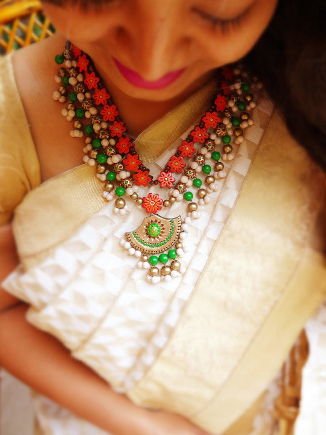 Flower Design Hand Painted Finish Terracotta Jewellery Set