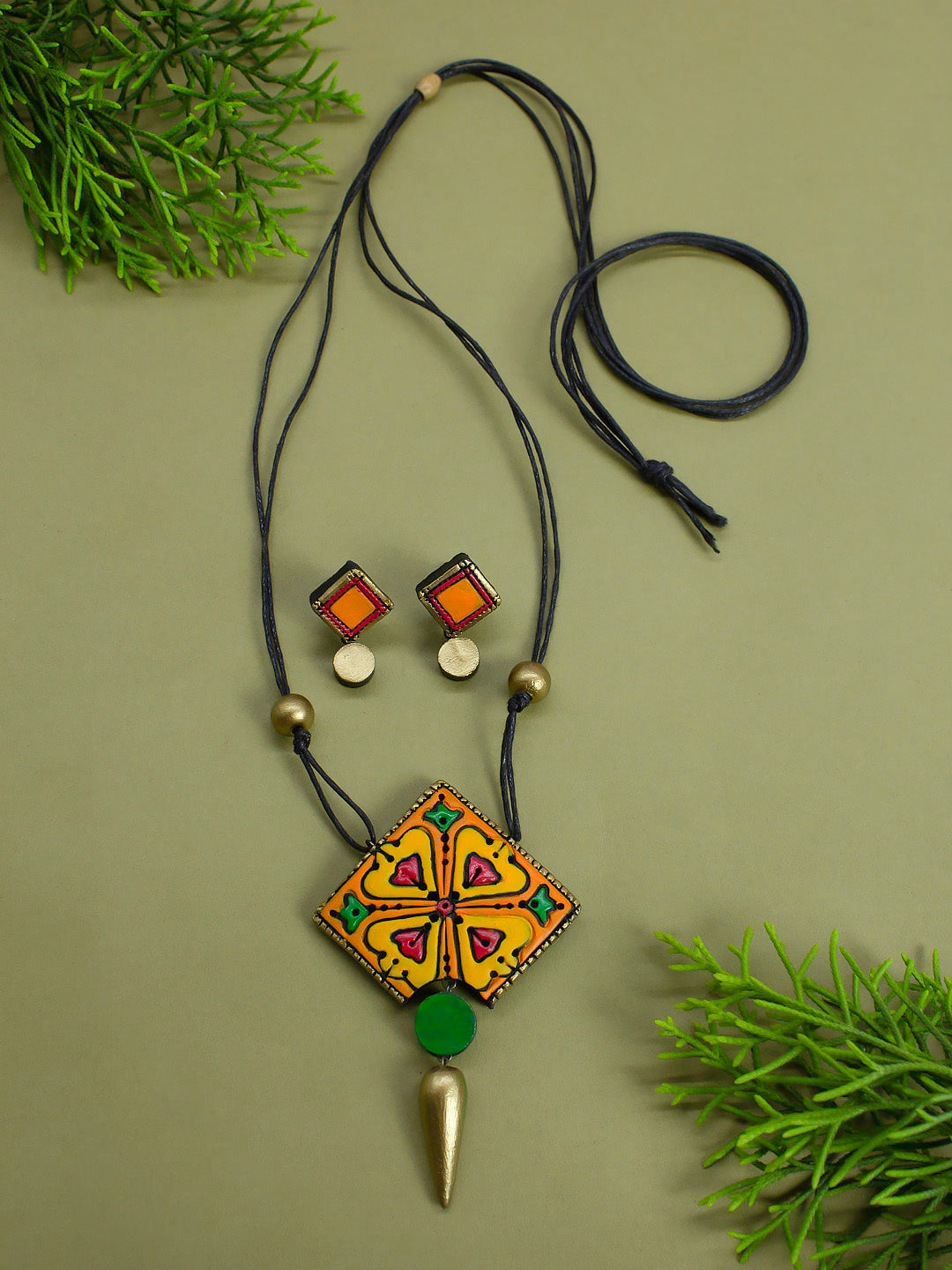 Rhombus Shape Yellow Orange Pink Green Handmade Terracotta Necklace Set