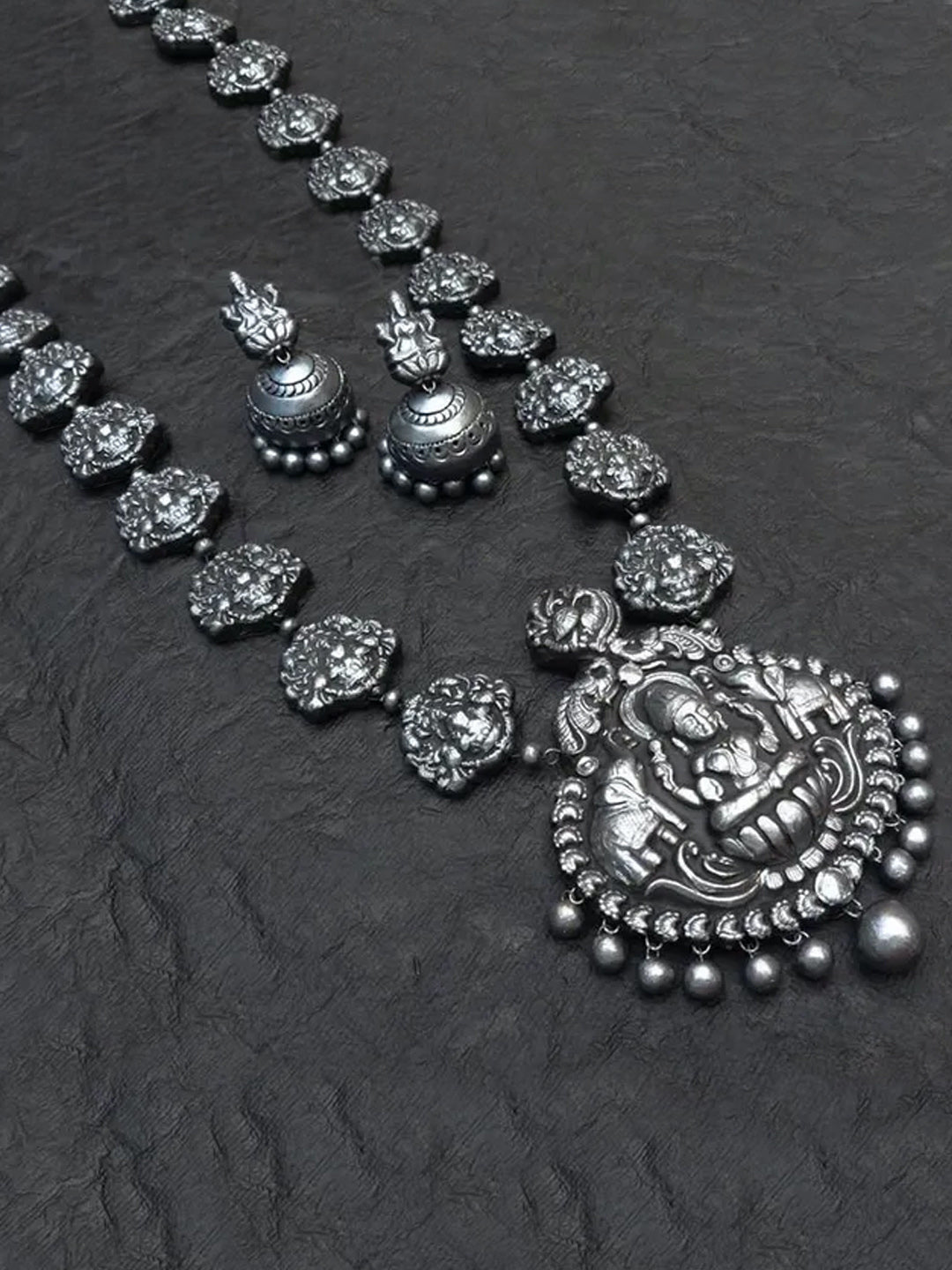 Silver Color Lakshmi Design Terracotta Temple Necklace Set