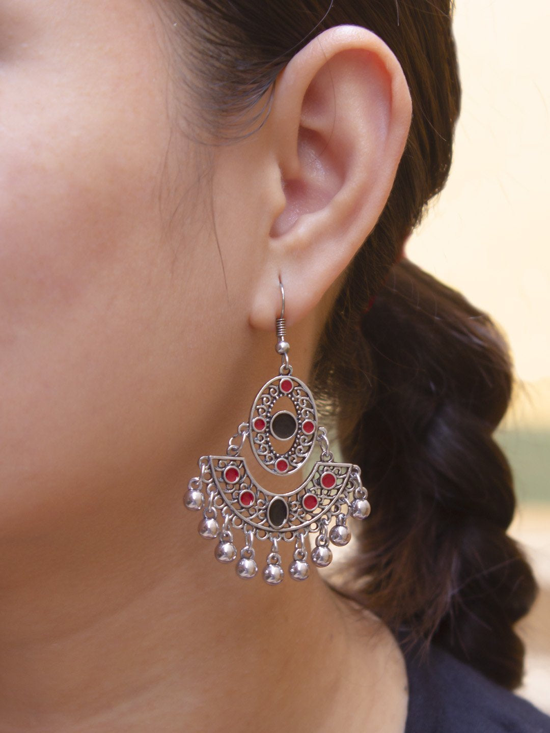 Geometric Design Red and Black Dangler Afghani Earring