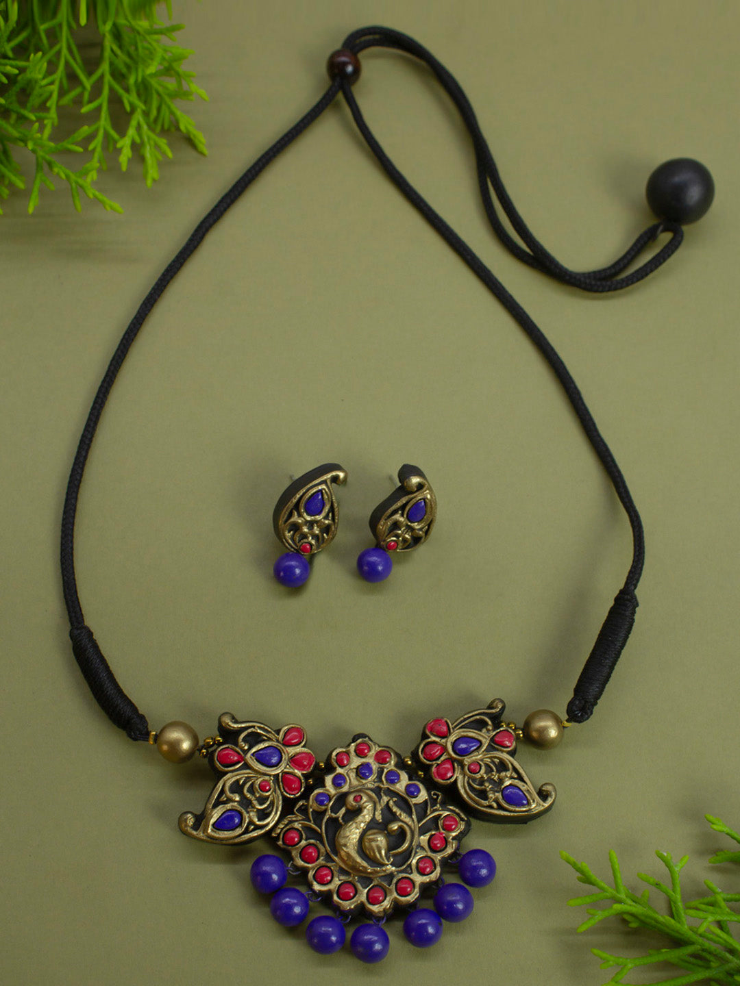 Antique Gold Purple Pink Minimalistic Handmade Terracotta Necklace Set
