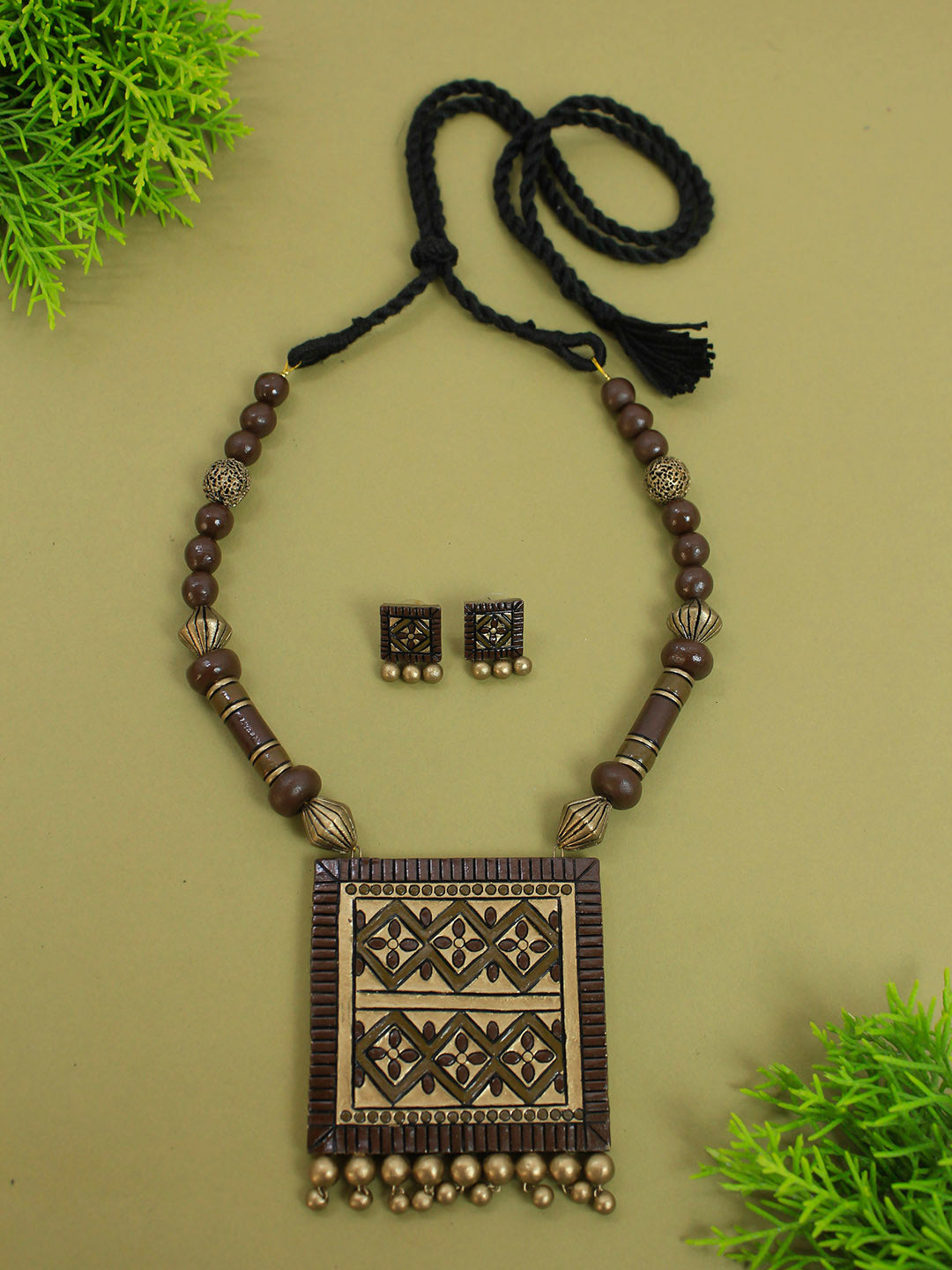Mandala Art Work Antique Bronze Square Pendant Mala Handmade Terracotta Necklace Set