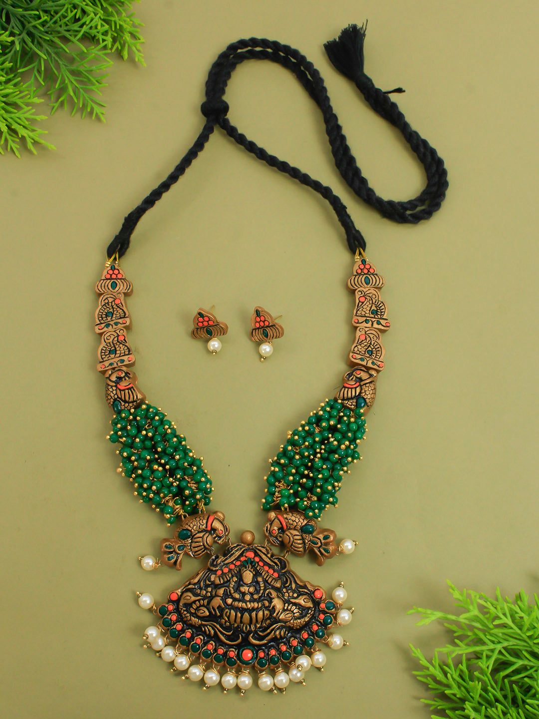 Green Wooden Clustered Beads Pearl Lakshmi Peacock Traditional Haram Handmade Terracotta Necklace Set