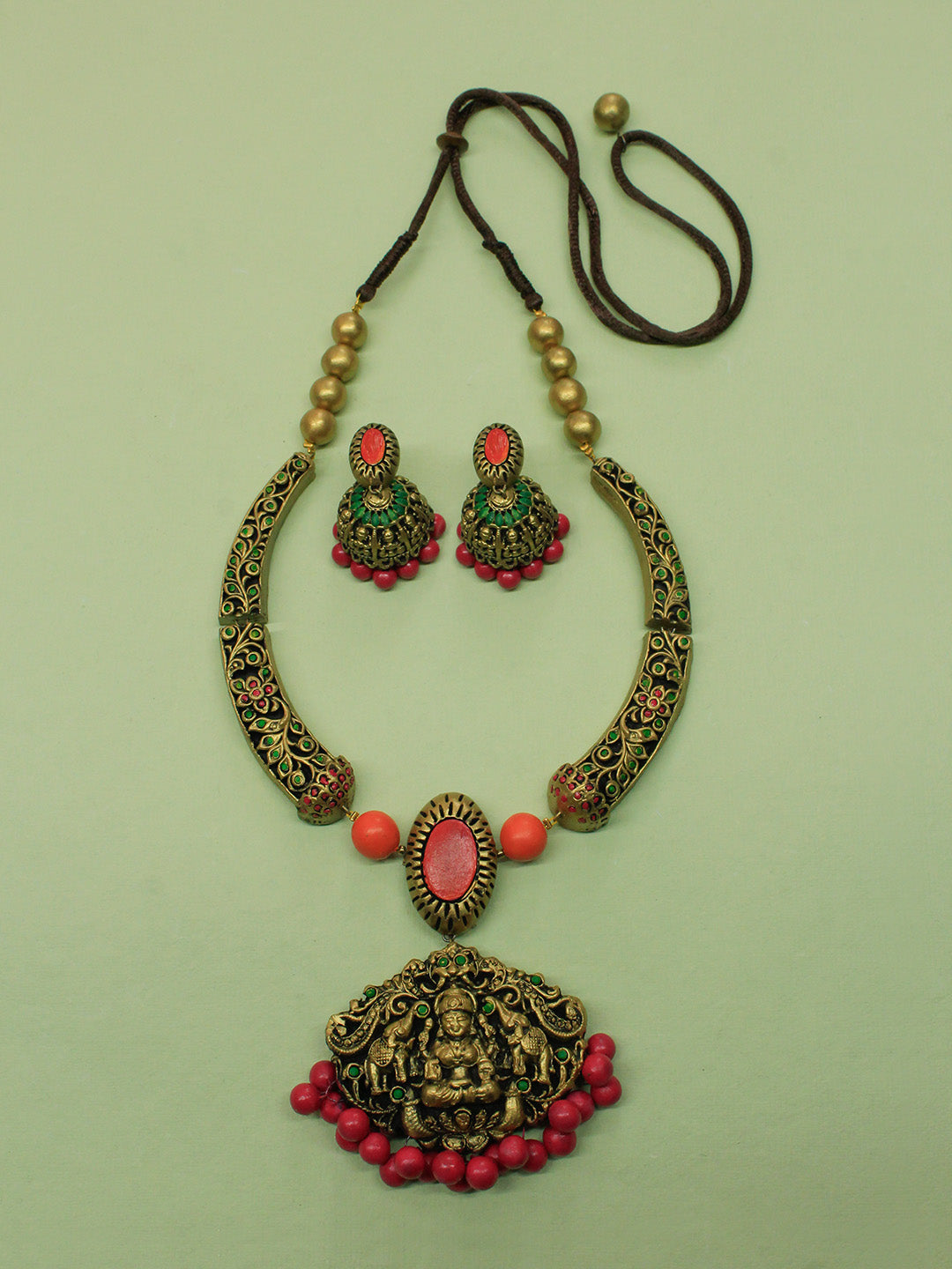 Antique Gold Pink Green Orange Rajawada Style Filigree Pattern Handmade Terracotta Necklace Set