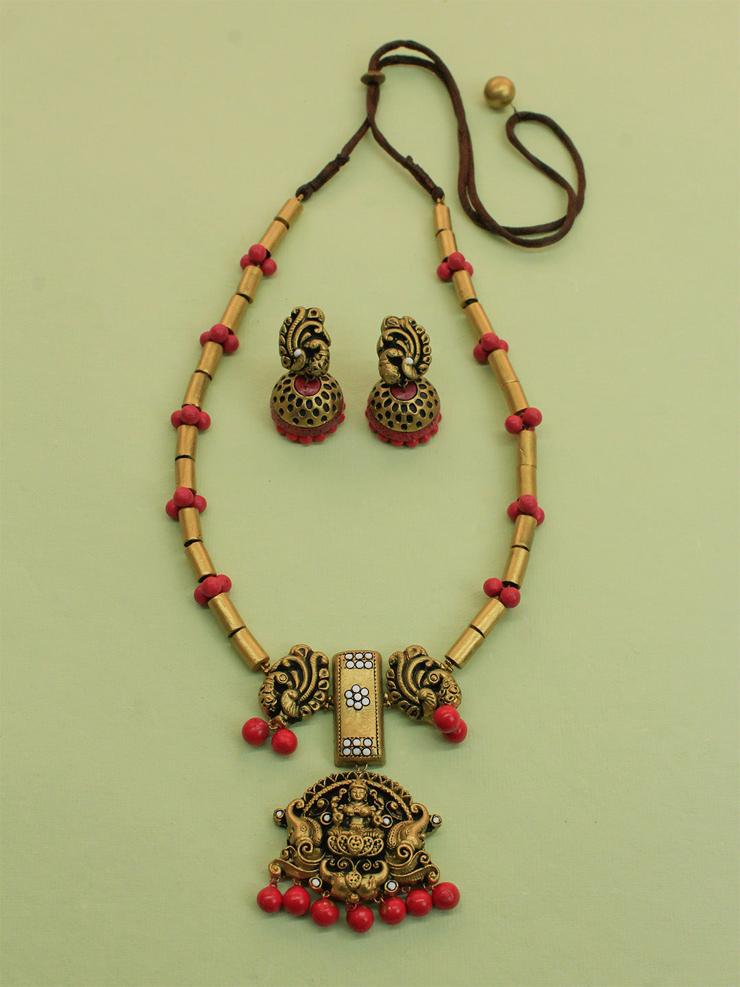 Antique Gold Pink Lakshmi Design Handmade Terracotta Tube Pattern Necklace Set