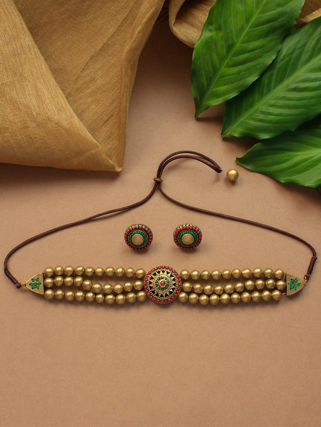 Antique Gold Three line victorian choker surya sun design handmade terracotta necklace set