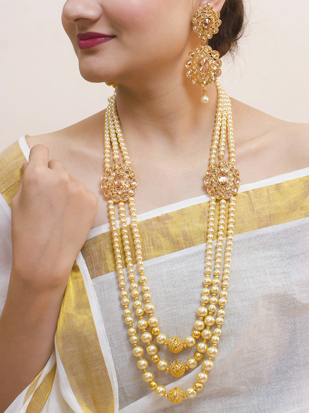 High Quality Gold Plated Tear Drop Design Multi Layered Pearls With Kundan Stone Side Pendants Long Necklace Set