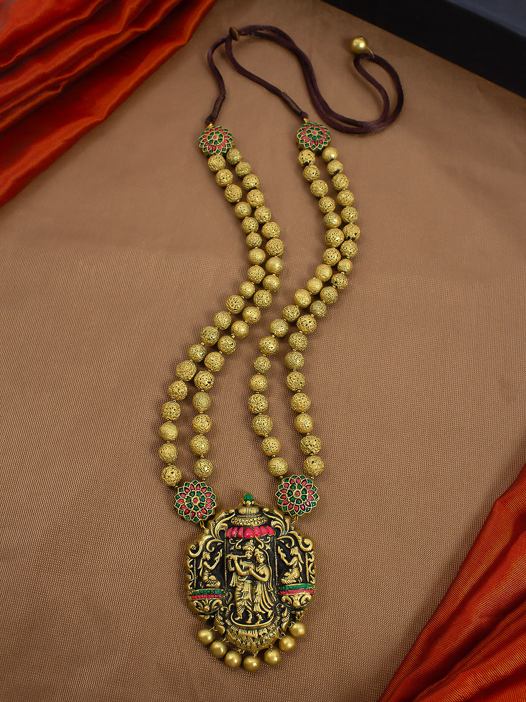 Antique Gold Pink Green Radha Krishna Two Layered Handmade Terracotta Necklace Set