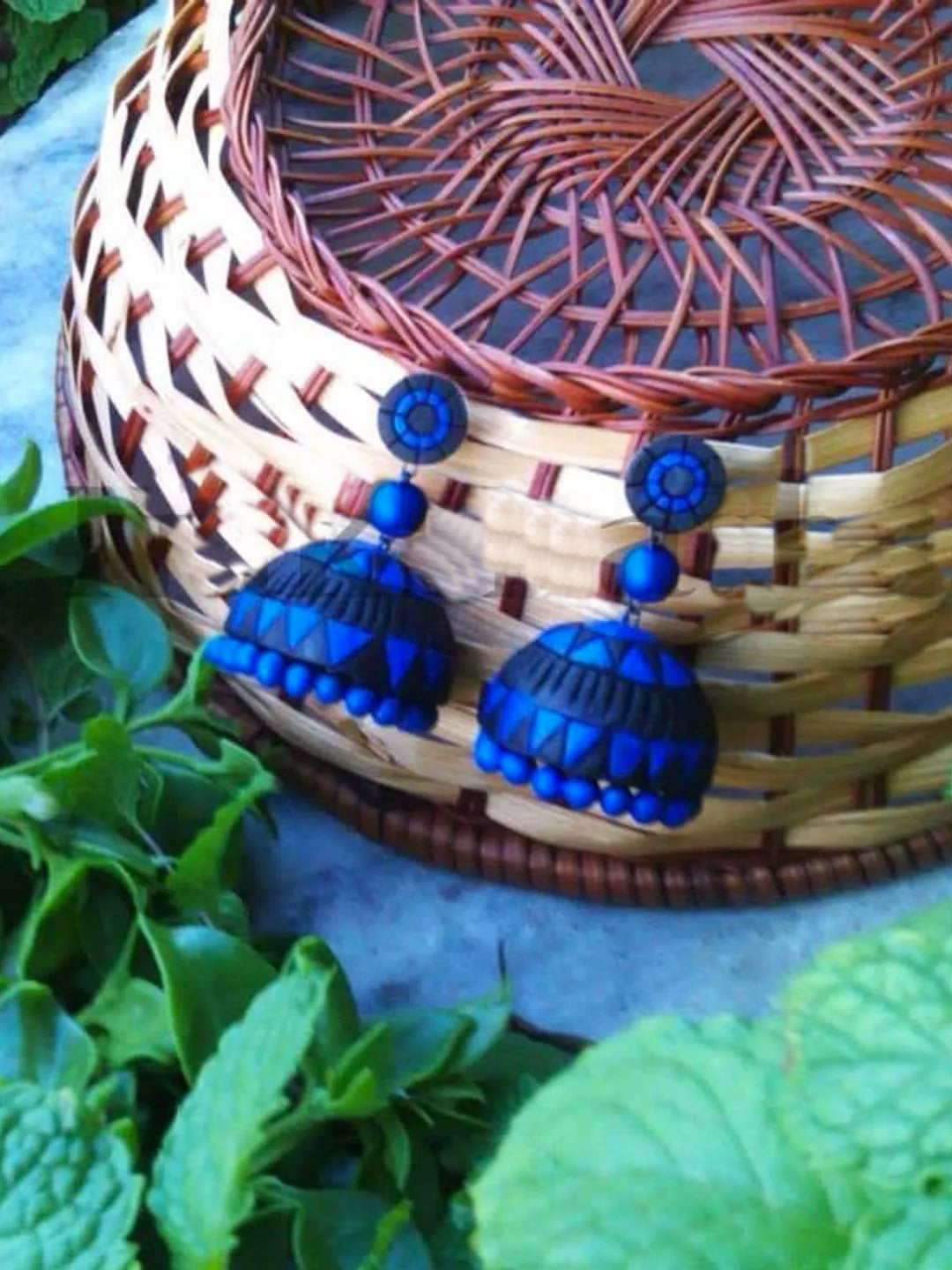 Handmade Terracotta Blue And Black Color Circular Shape Jhumka Earring