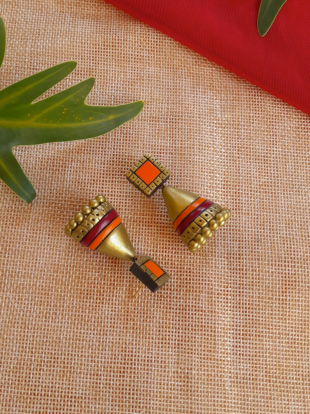 Maroon And Gold Color Square Shape Terracotta Necklace Set