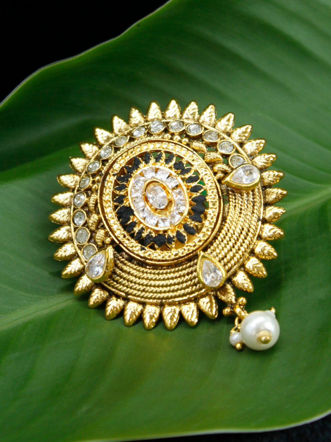 Gold Plated Round Shape White Stone with White Pearl Dropping Saree Pin