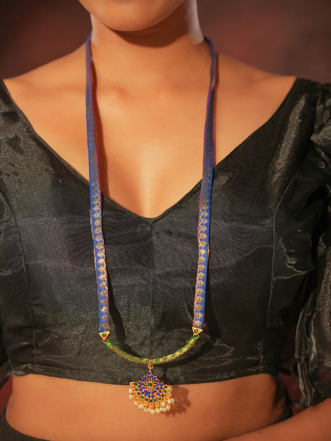 Zarvella — Gold Tone Temple Necklace- Zari floral pendant haaram Blue