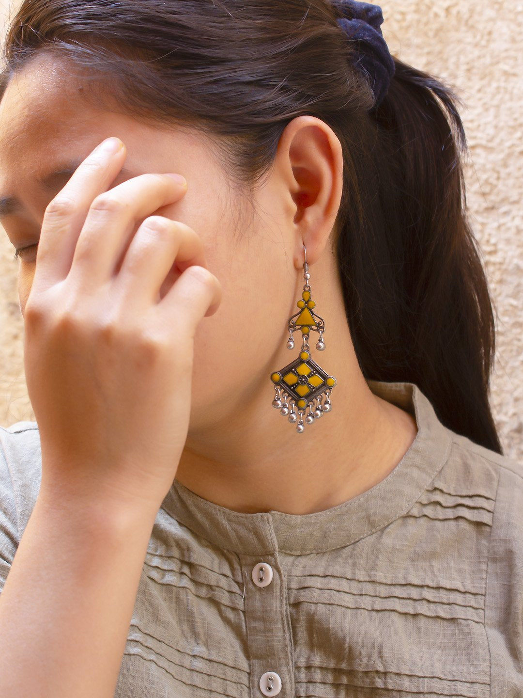 Silver Plated Floral Design Yellow Color Enamel Painted With Hanging Silver Beads Dangler Earring