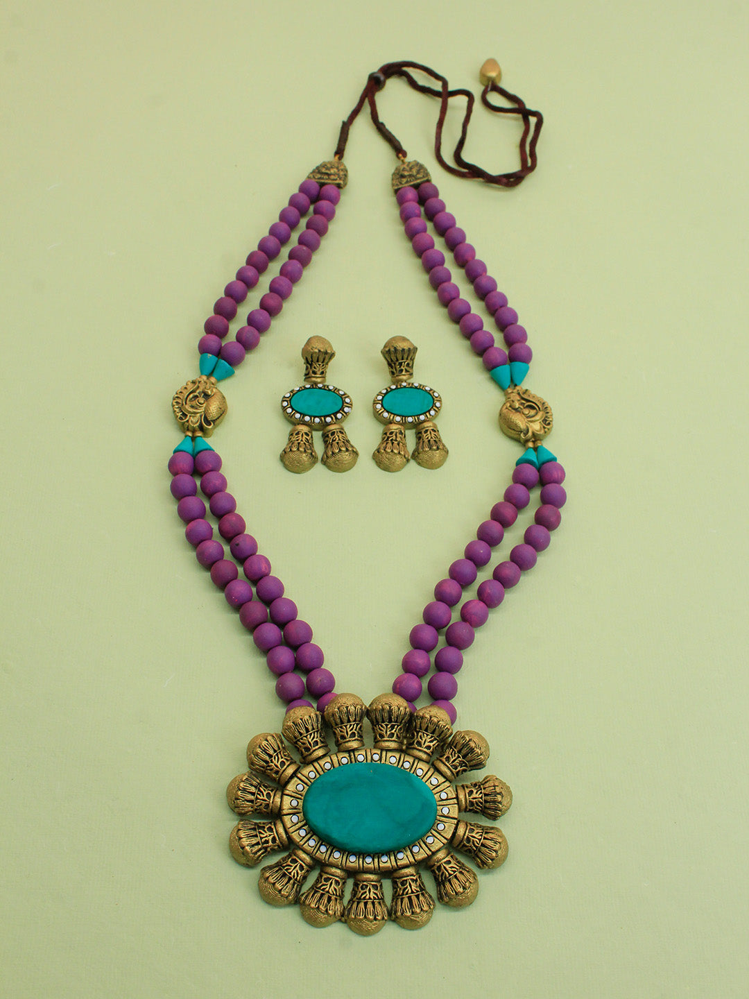 Antique Gold Purple Teal Long Haram 2 Layered Oval Pendant Handmade Terracotta Necklace Set