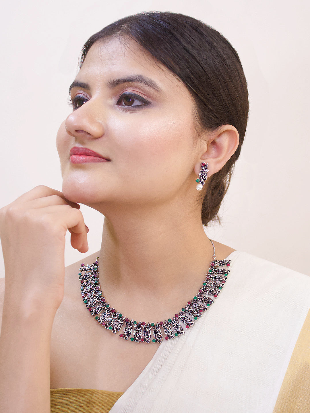 Silver Plated Krishna Design Red And Green Color Artificial Stone Choker Necklace Set