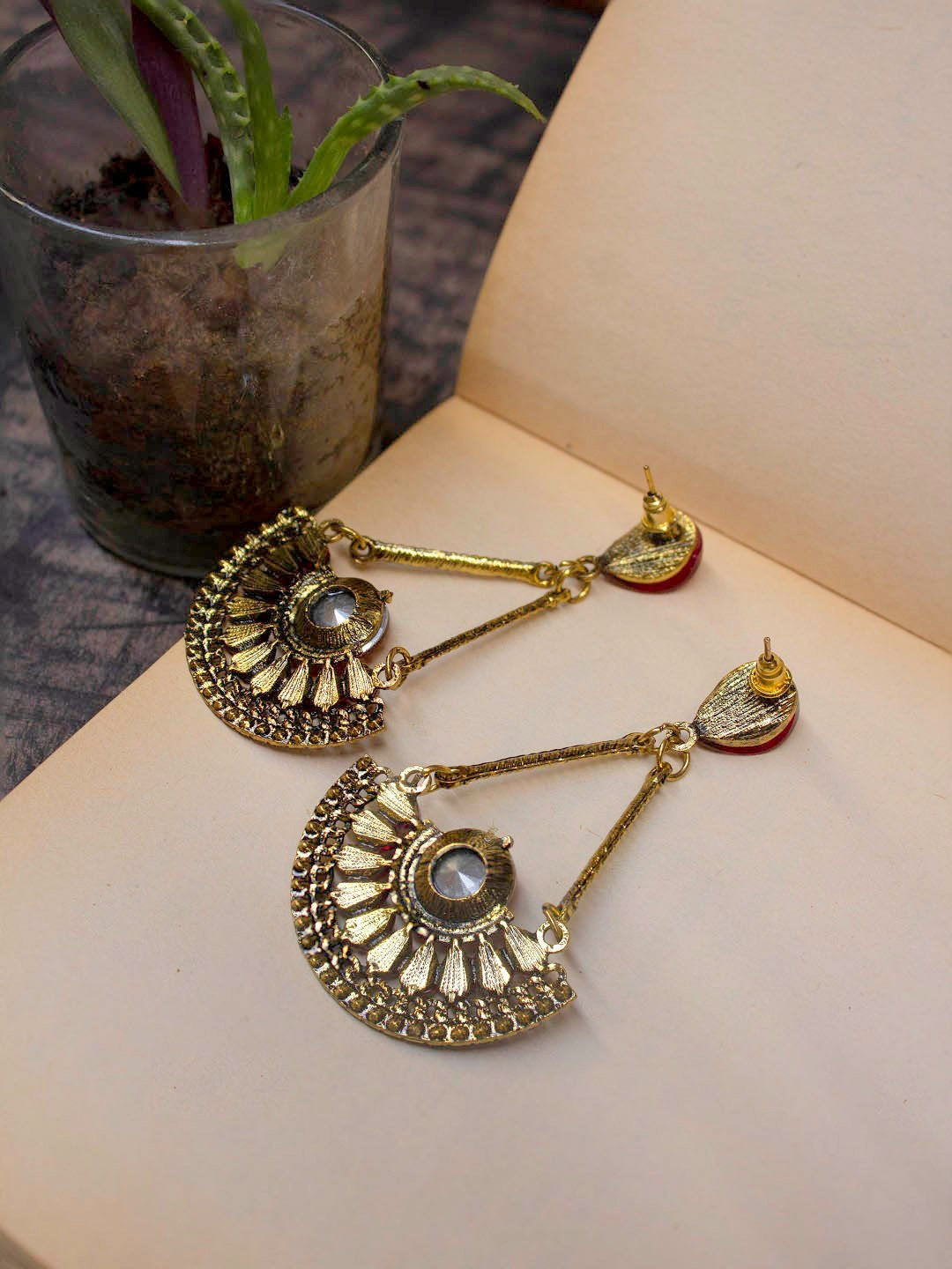 Gold Plated Circular Design White Color Crystal Stone Dangler Earring