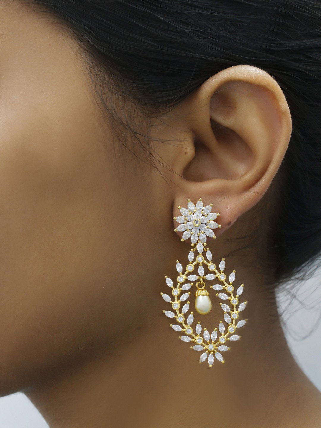 Avismaya Gold Plated Floral Design American Diamond Stone Dangler Earring