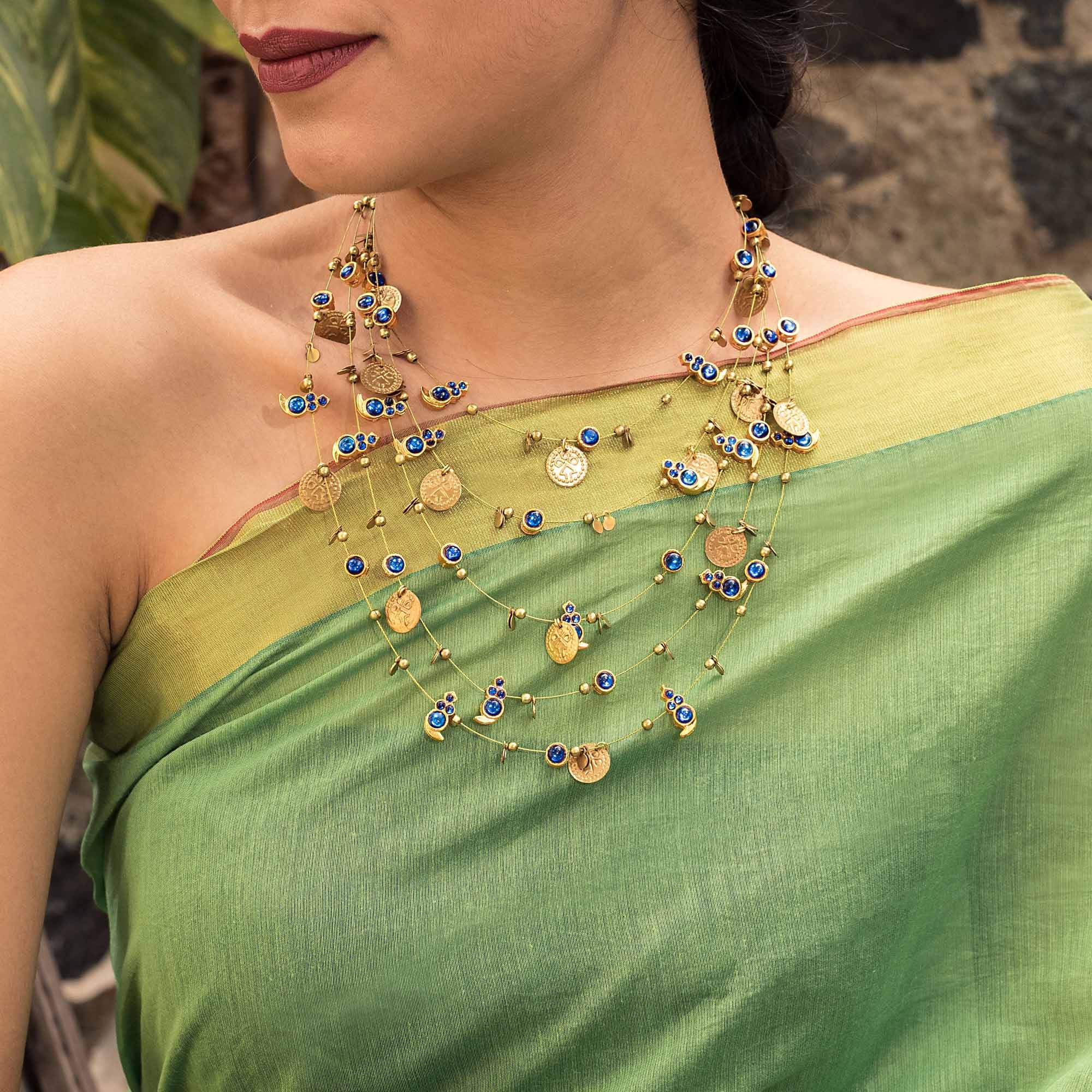 Designer Mango Motif 5 Layered Chain With Blue Kemp Stones With Earrings