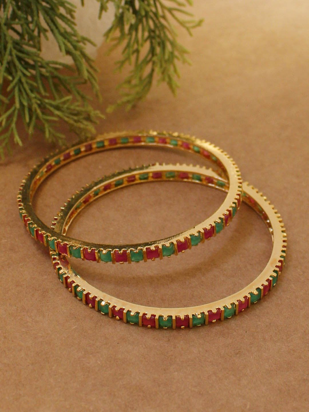 Avismaya Matt Gold Plated Premium Quality Bangles With Red And Green Ruby Stones