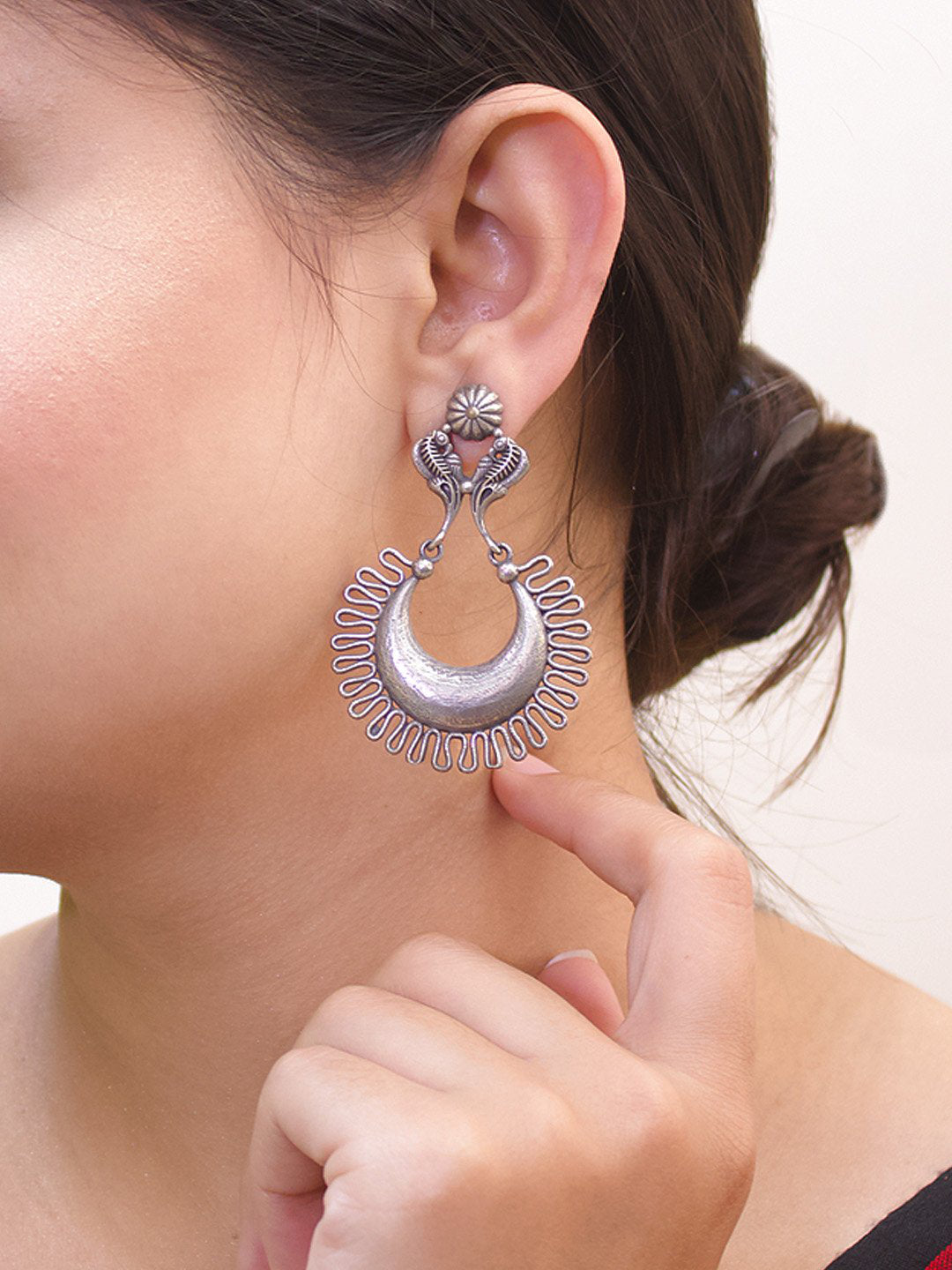 Oxidised Silver Plated Crescent Design Dangler Earring