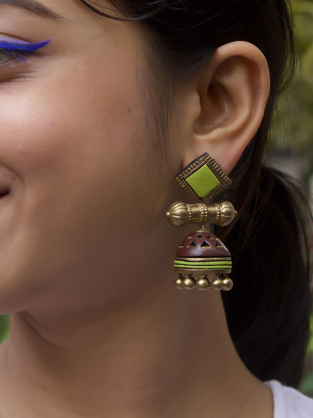 Handmade Terracotta Jhumka Earrings in Antique Gold Brown Green