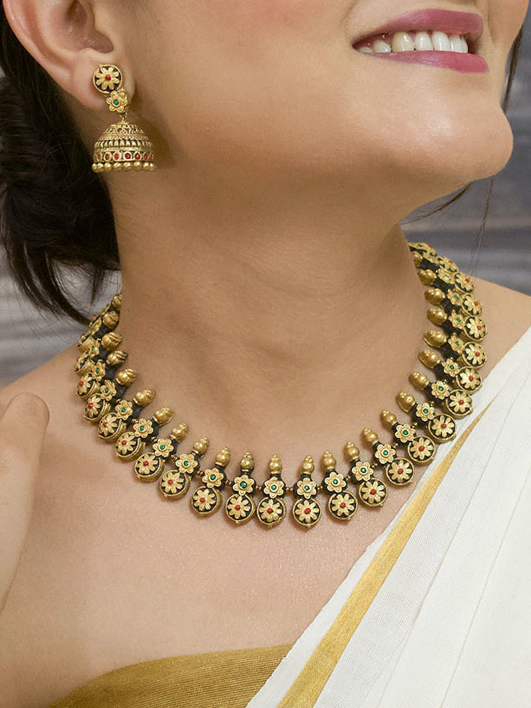 Shonakamala — Antique Gold Toned Red And Black Color Floral Design Motifs Choker Handmade Terracotta Necklace Set