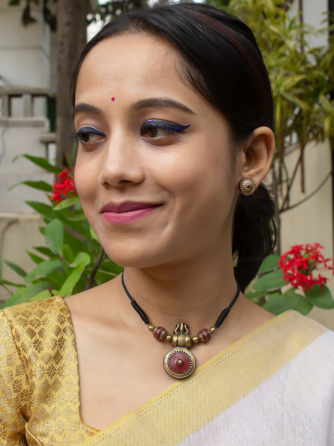 Trinetra — Trishul Design Antique Gold Brown Minimalistic Handmade Terracotta Necklace Set